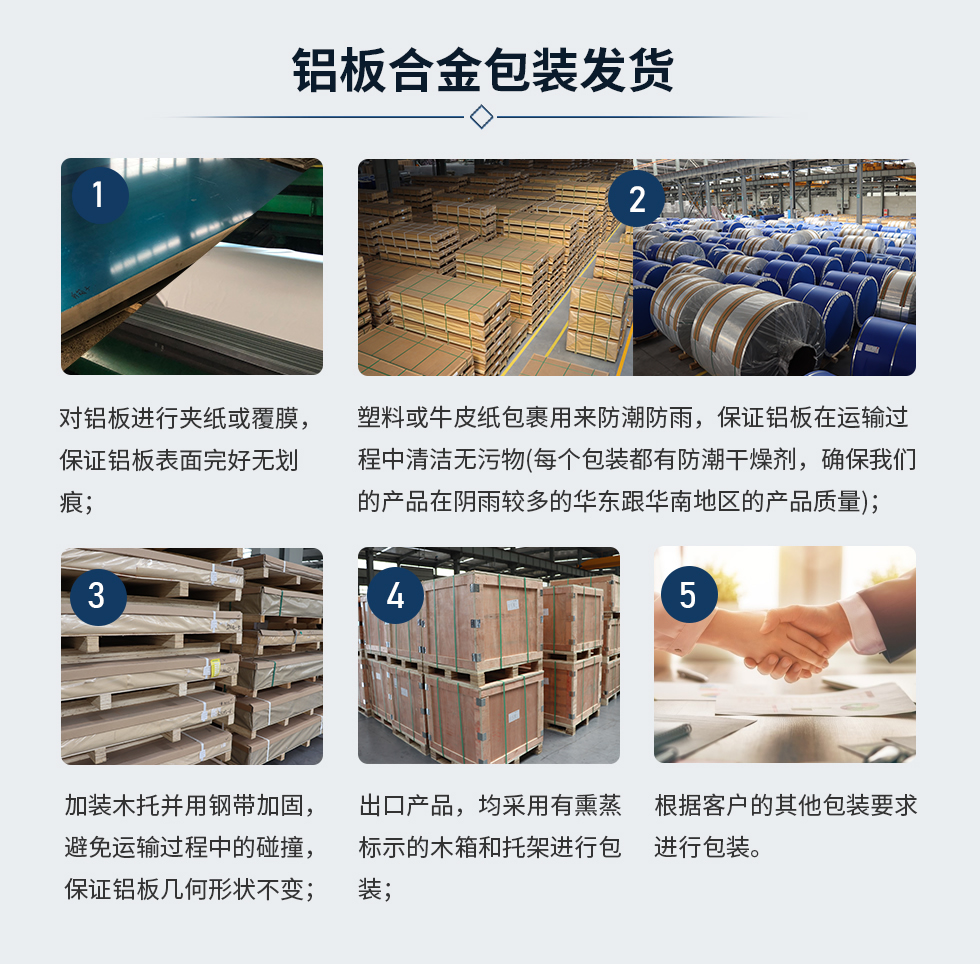 鋁板合金包裝發貨
　　1、對鋁板進行夾紙或覆膜，保證鋁板表面完好無劃痕;
　　2、塑料或牛皮紙包裹用來防潮防雨，保證鋁板在運輸過程中清潔無污物(每個包裝都有防潮干燥劑，確保我們的產品在陰雨較多的華東跟華南地區的產品質量);
　　3、加裝木托并用鋼帶加固，避免運輸過程中的碰撞，保證鋁板幾何形狀不變;
　　4、出口產品，均采用有熏蒸標示的木箱和托架進行包裝;
　　5、根據客戶的其他包裝要求進行包裝;